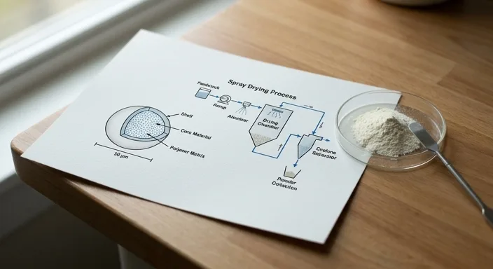 A technical diagram of flavor encapsulation and spray drying on a desk with a petri dish of powder.