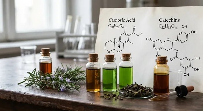Scientific laboratory setup showing glass vials of botanical extracts like rosemary and green tea next to molecular structures on paper.