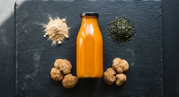 A flat-lay photograph of a label-less orange functional beverage bottle surrounded by ashwagandha powder, Lion's Mane mushrooms, and green tea extract on a sleek slate surface.