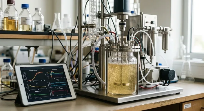 A high-end laboratory setup showing a stainless steel bioreactor, digital monitoring tablet, and a glass beaker with fermenting liquid.