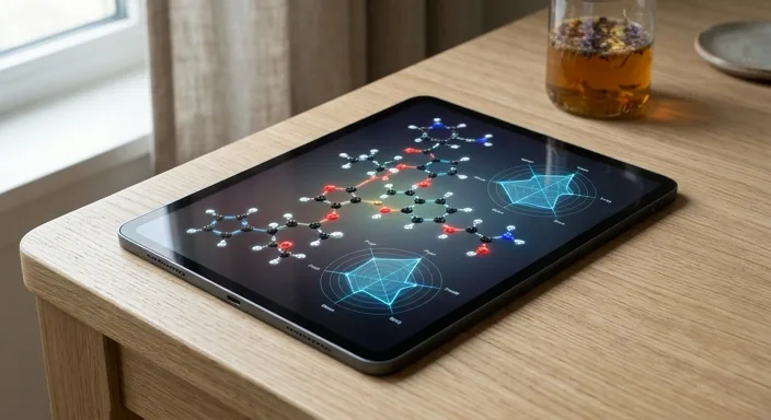 A digital tablet displaying a 3D molecular flavor map and a sensory spider-chart on a modern workspace.