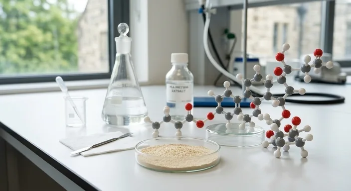 A glass petri dish of pea protein powder next to 3D molecular models of hexanal and saponins on a lab bench.