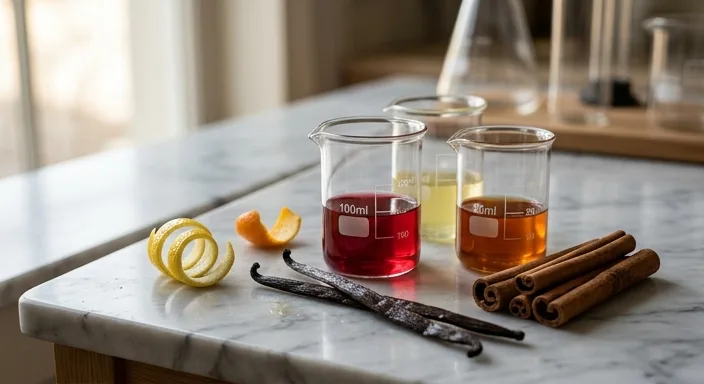 A professional culinary laboratory arrangement featuring glass beakers with essences, vanilla pods, cinnamon, and citrus peels.