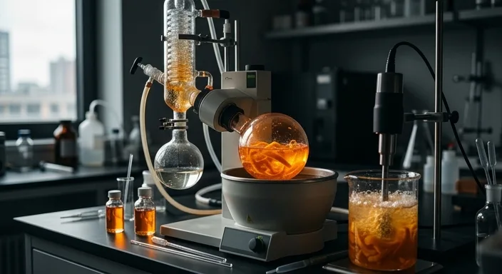 Close-up of a laboratory rotary evaporator and ultrasonic probe extracting bright liquid from citrus peels in a moody, modern science setting with soft lighting.