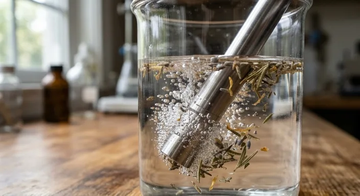 Close-up of a titanium ultrasonic probe in a liquid infusion showing microscopic cavitation bubbles against botanicals.